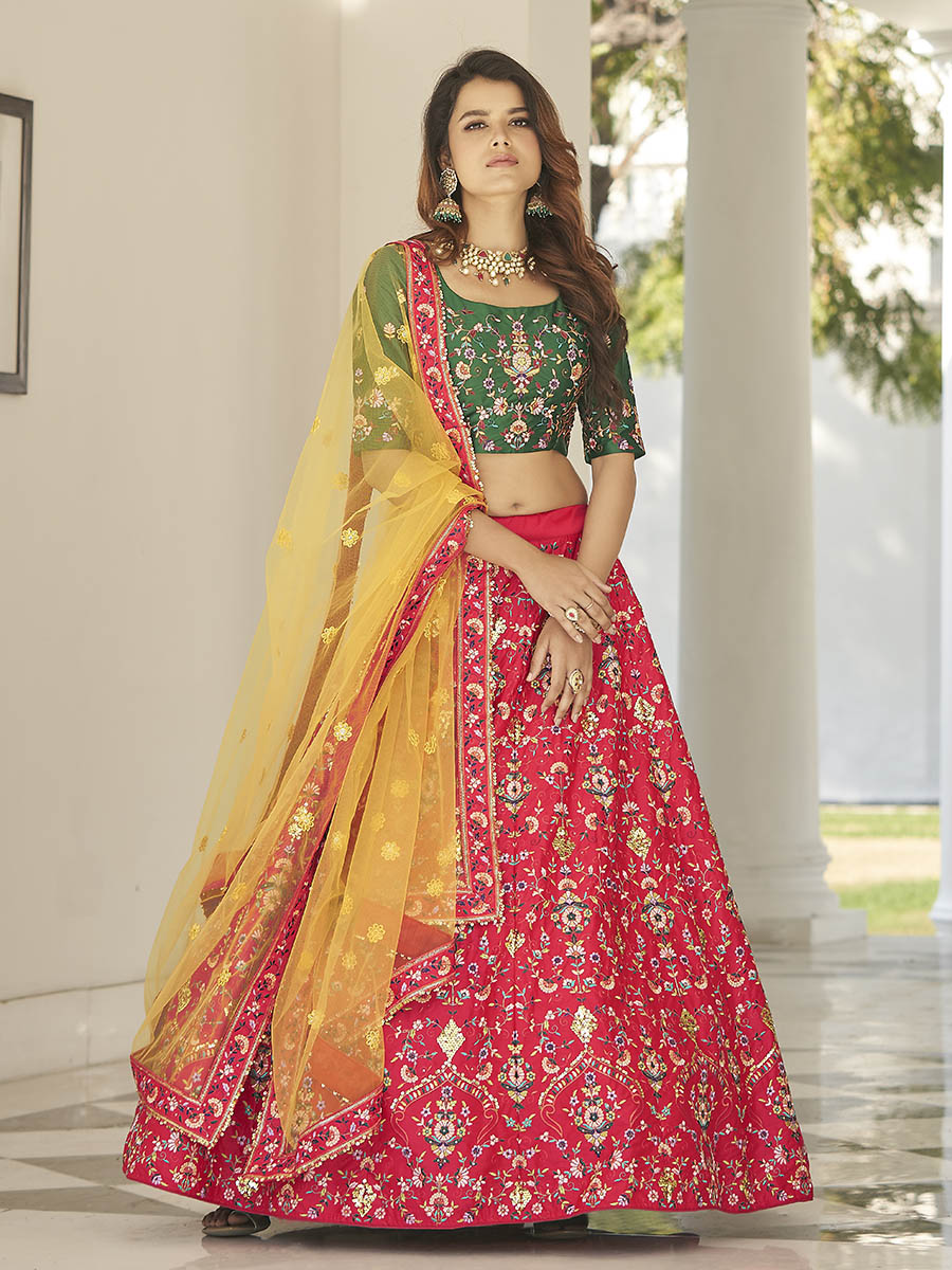 Myra Green and Yellow Heavy Embroidered Designer Lehenga - Distacart