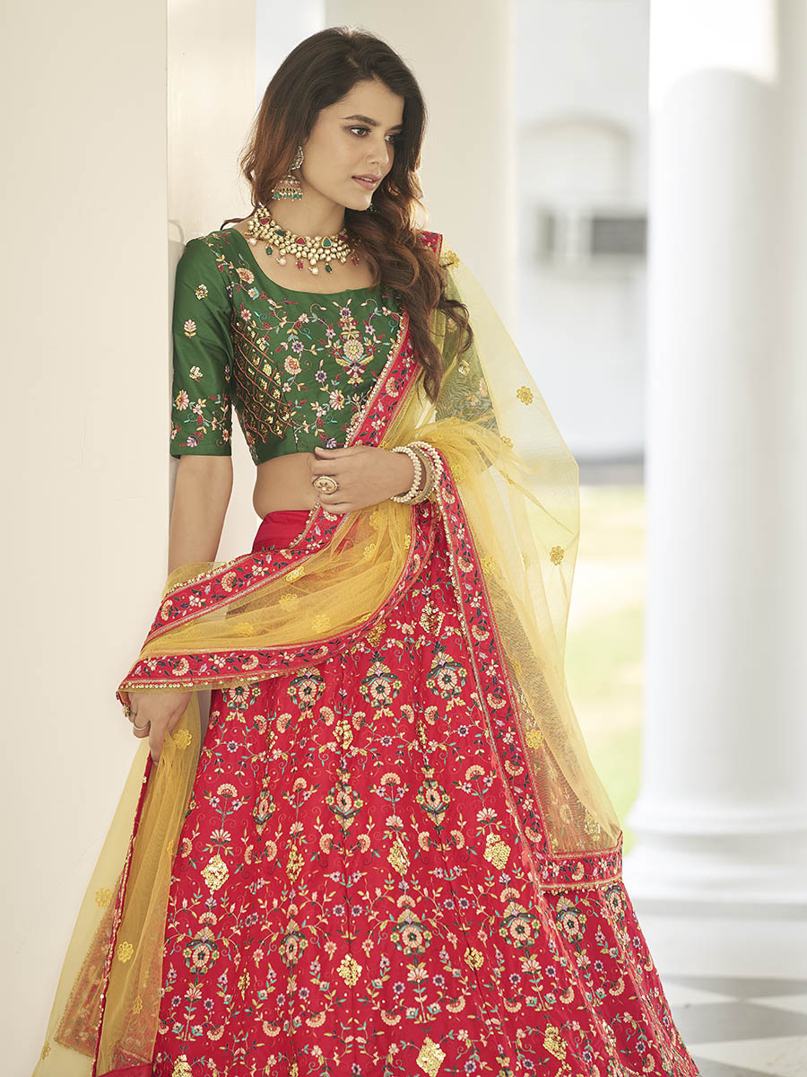 Myra Green and Yellow Heavy Embroidered Designer Lehenga - Distacart