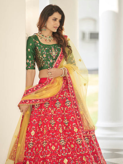 Myra Green and Yellow Heavy Embroidered Designer Lehenga - Distacart