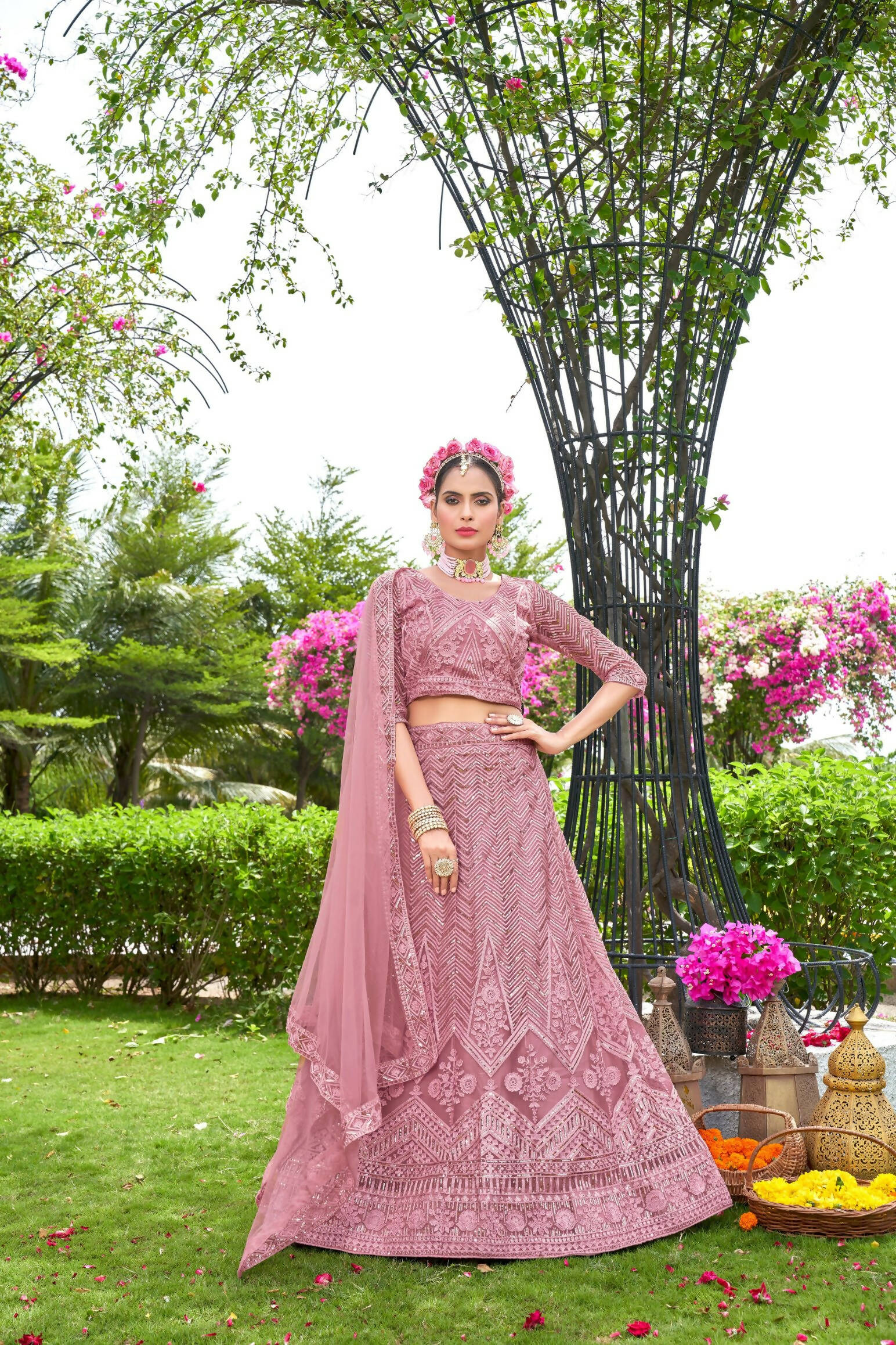 Pink Net Embroidered Semi Stitched Lehenga Choli with Dupatta - Bhagya - Distacart