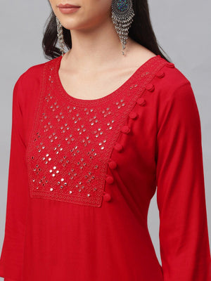 Libas Red Embroidered Straight Kurta - Distacart