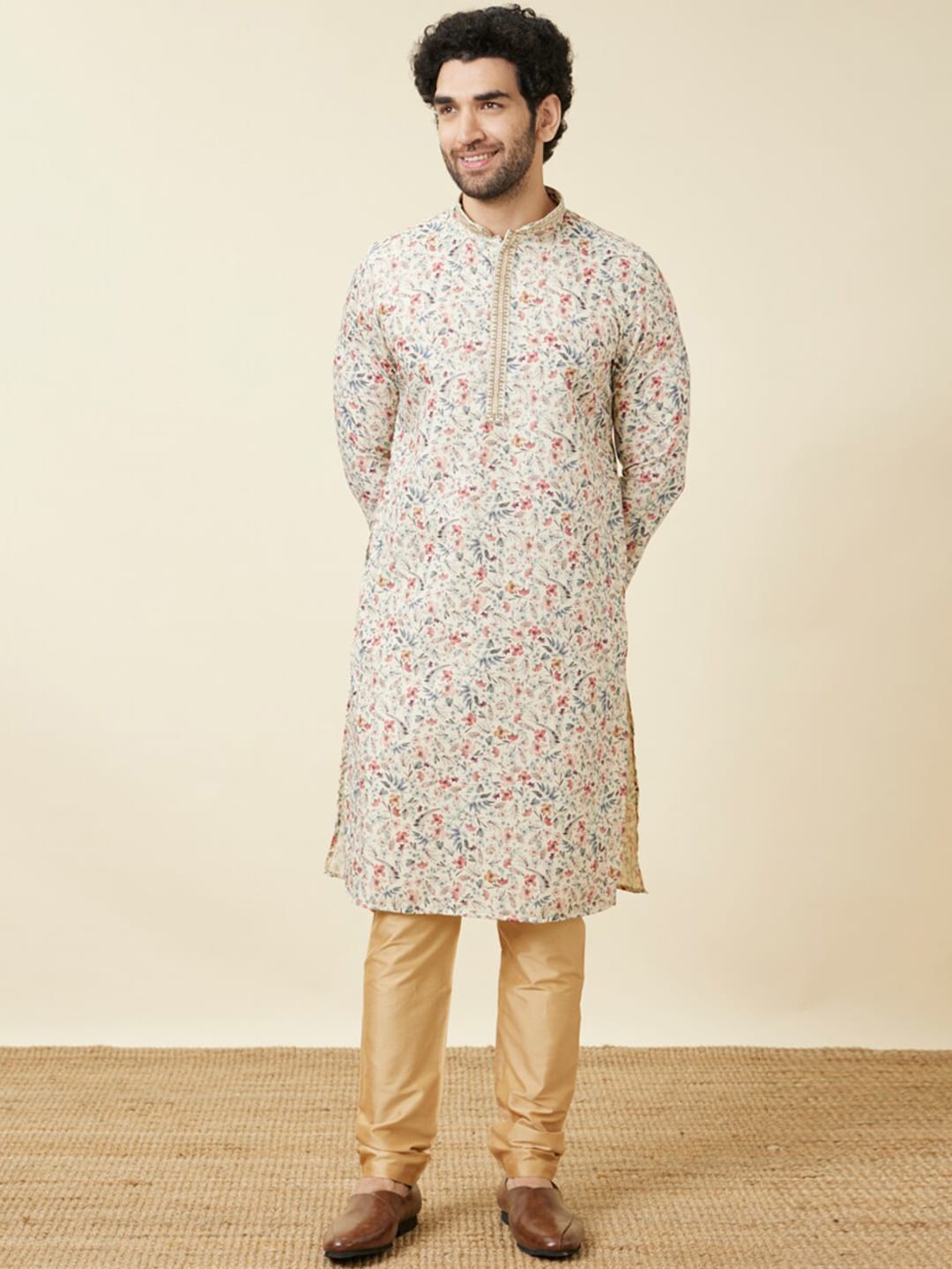 Manyavar Mandarin Collar Floral Printed Regular Pure Cotton Kurta with Churidar - Distacart