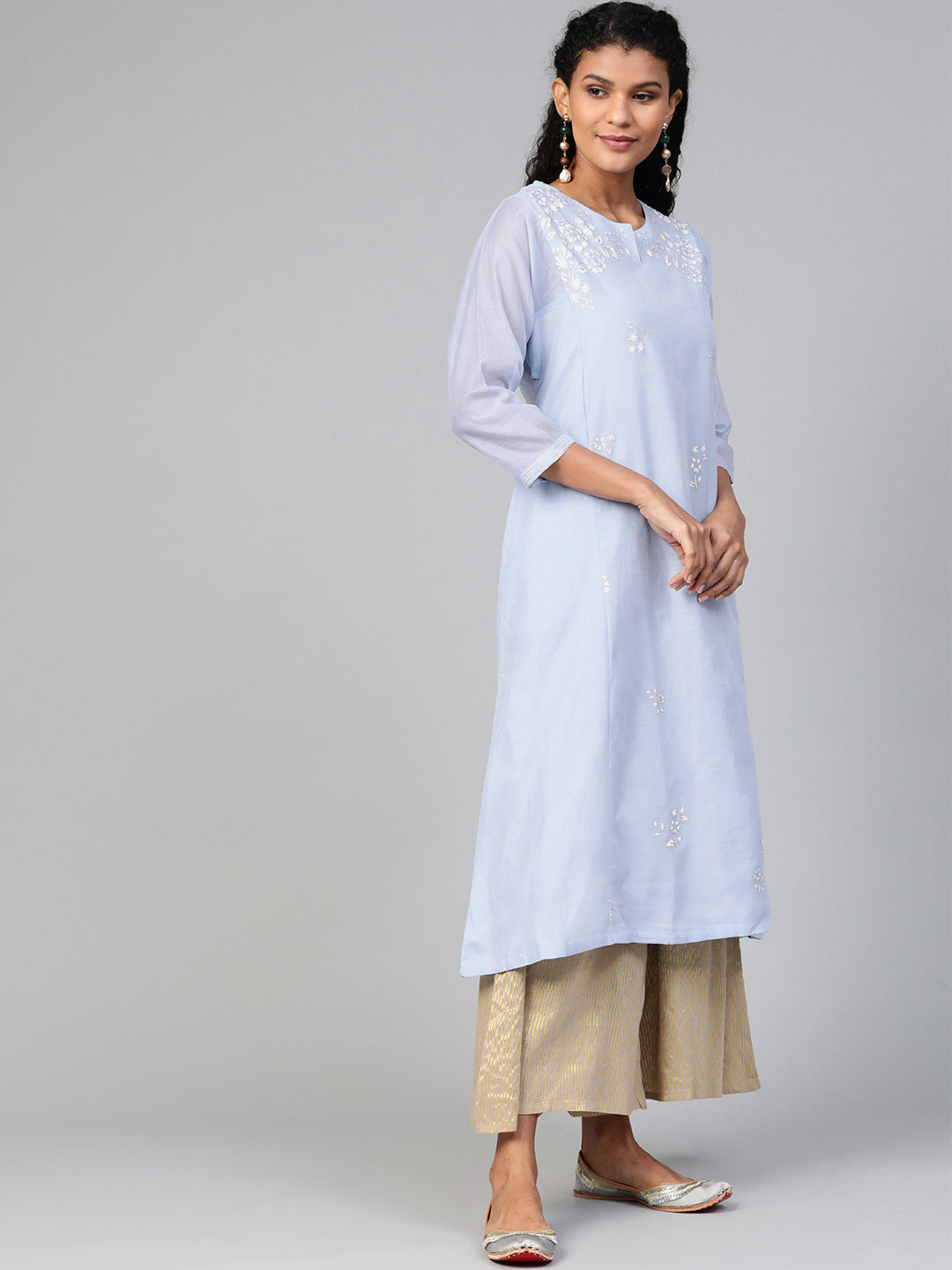 Biba Women Blue & White Floral Panelled Printed A-Line Kurta - Distacart