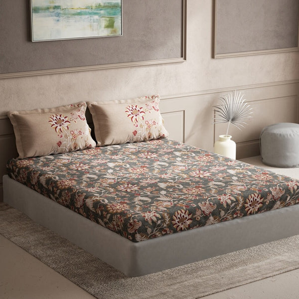DDecor Grey & Maroon Ethnic Motifs 140 TC Cotton Queen Bedsheet with 2 Pillow Covers - Distacart