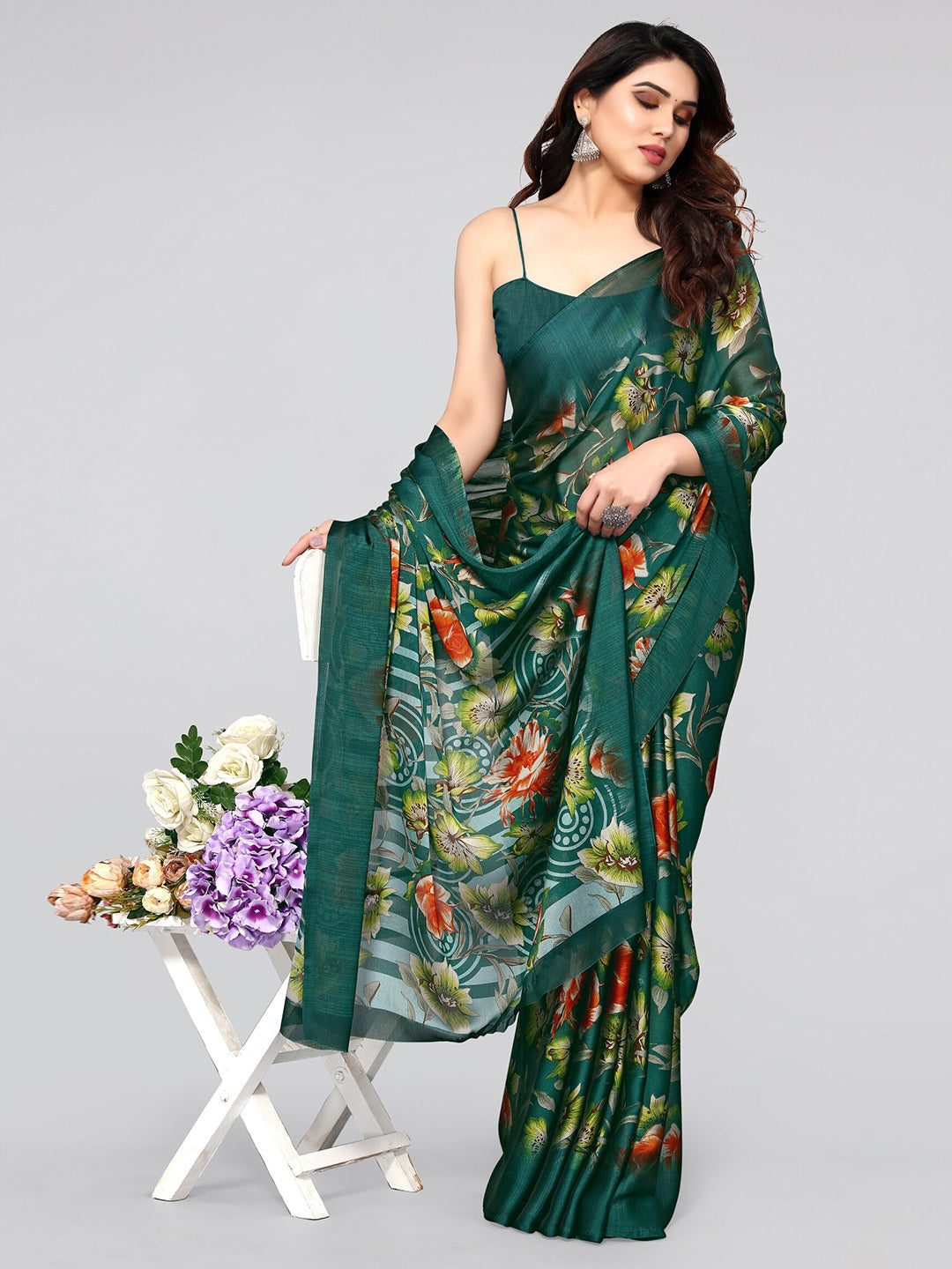 Kalini Floral Poly Chiffon Saree With Blouse Piece - Distacart