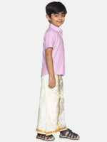 Thumbnail for Sethukrishna Boys Pink & Off-White Pure Cotton Shirt with Dhotis - Distacart