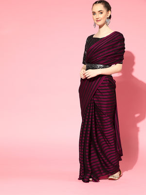 Saree Mall Burgundy Striped Poly Georgette Party Wear Saree with Matching Blouse - Distacart