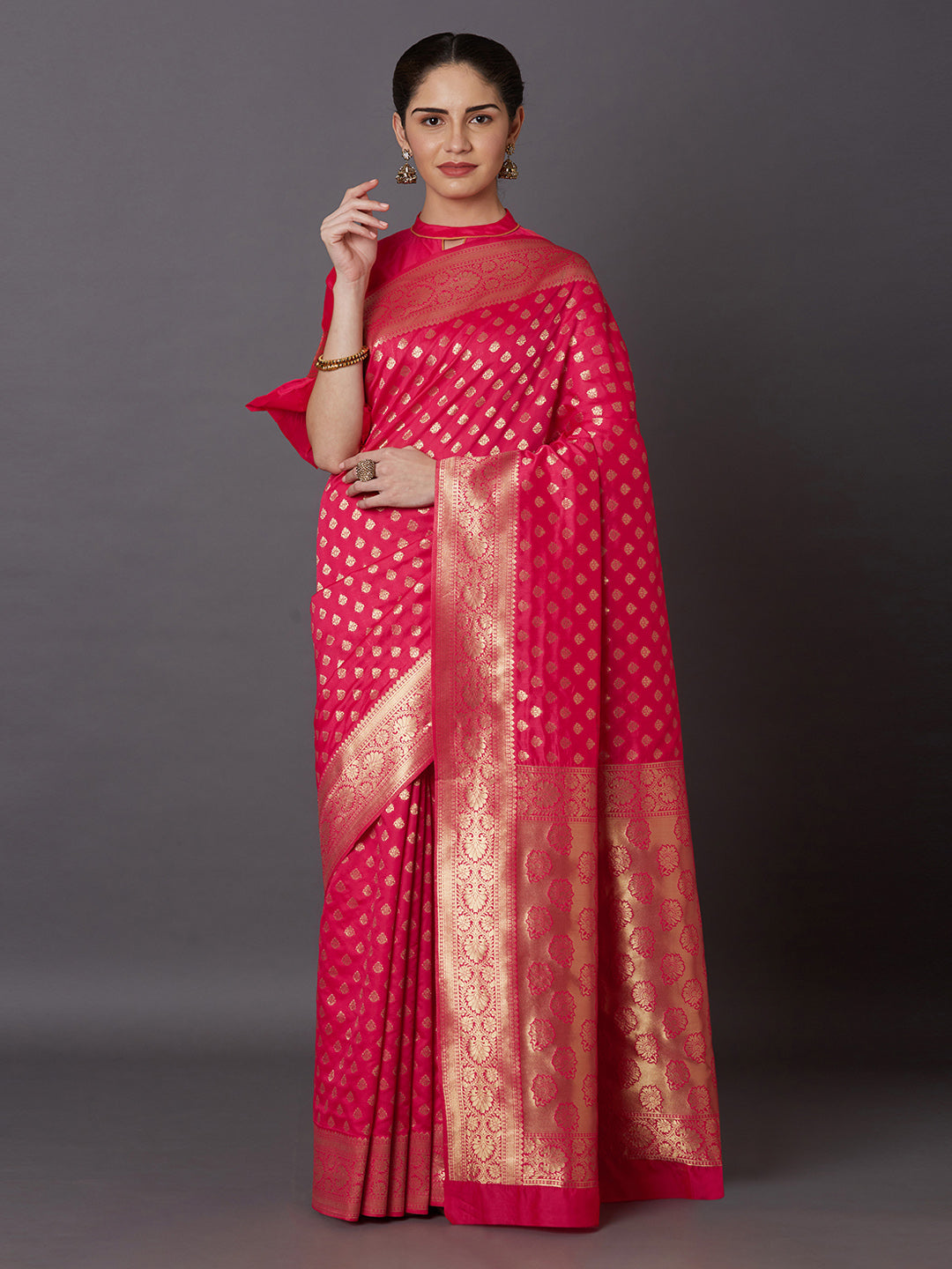 Mitera Pink Gold-Coloured Woven Design Kanjeevaram Saree - Distacart