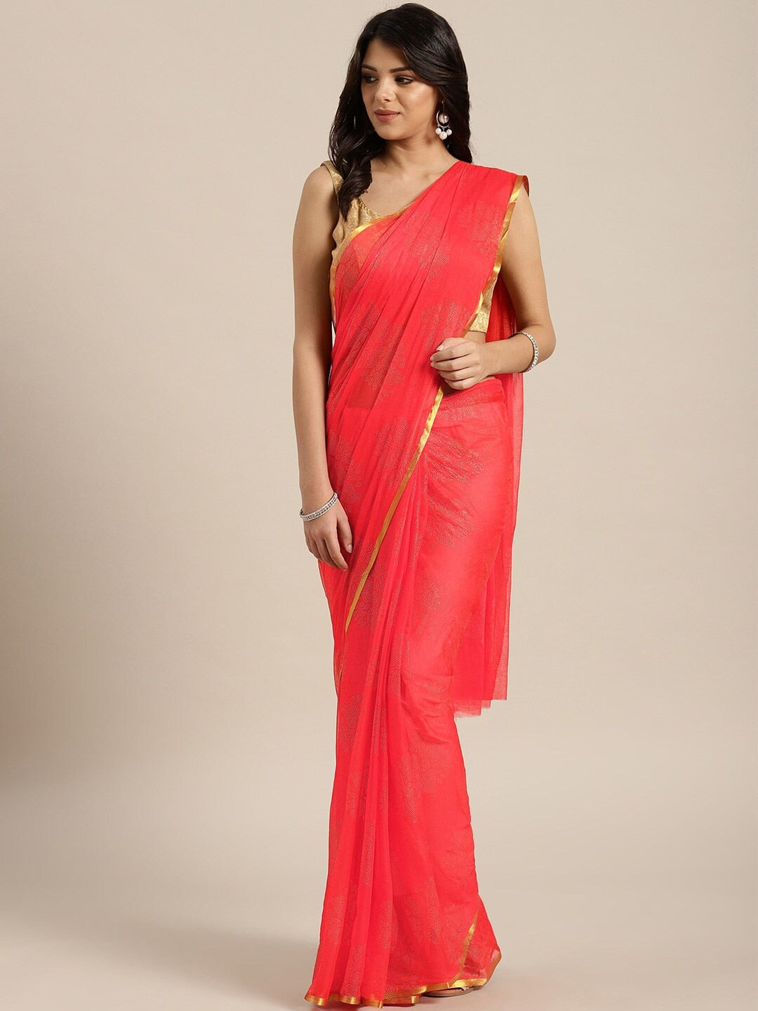 Saree Mall Peach-Coloured & Gold-Toned Zari Sarees - Distacart