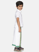 Thumbnail for Sethukrishna Boys White & Green Pure Cotton Solid Shirt and Veshti Set - Distacart
