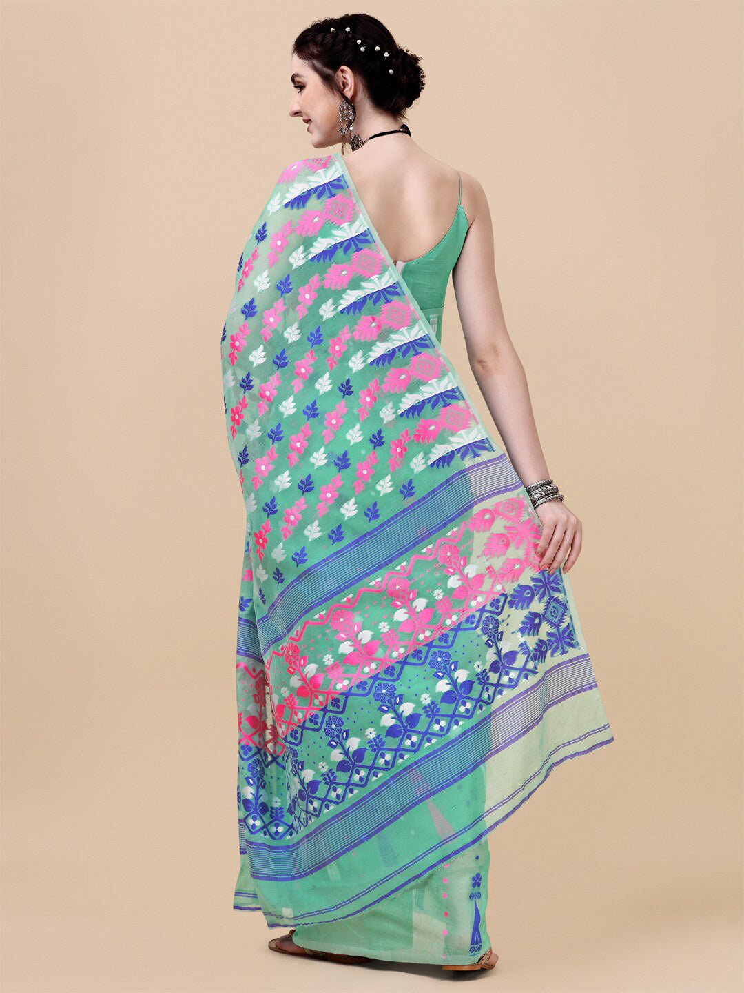 Kalini Green & Blue Floral Silk Cotton Jamdani Saree - Distacart