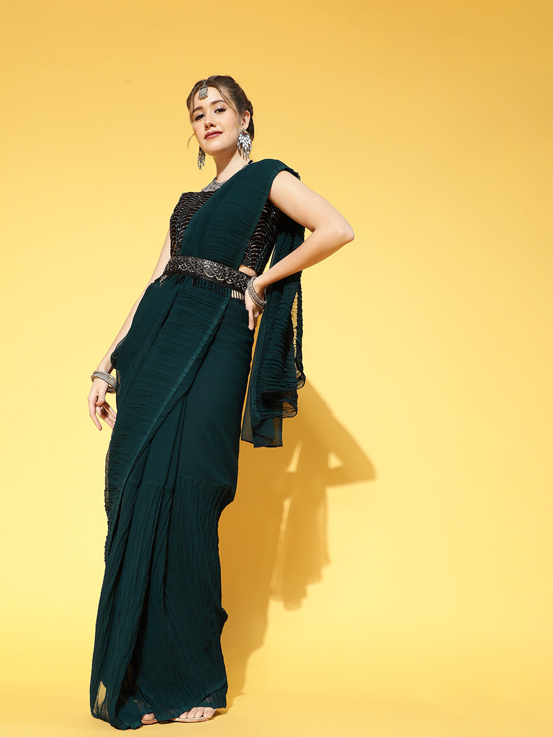 Saree Mall Teal Green & Black Solid Poly Georgette Party Saree with Matching Blouse - Distacart