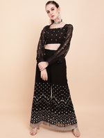 Thumbnail for Sangria Black & White Embellished Sequinned Pure Georgette Palazzo Saree - Distacart