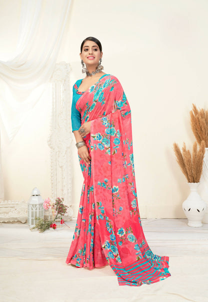Light Pink Georgette Floral Printed Saree With Unstitched Blouse Piece - Jyoti - Distacart