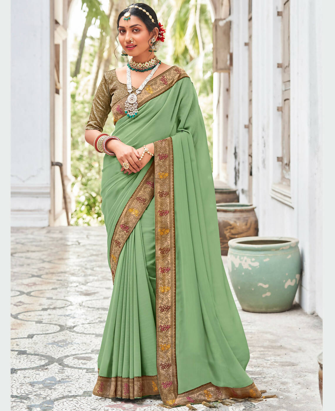Green Vichitra Solid Saree With Unstitched Blouse Piece - Juhi - Distacart
