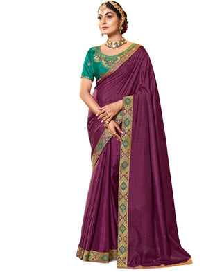Purple Solid Vichitra Saree With Unstitched Blouse Piece - Selena - Distacart