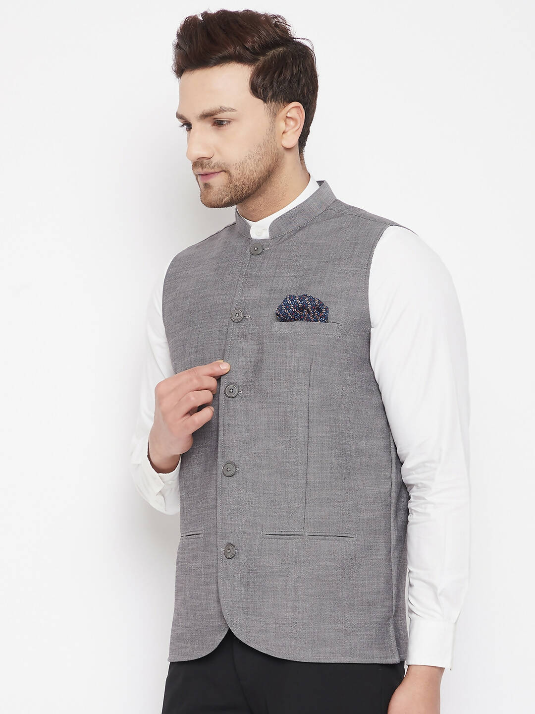 Even Apparels Grey Merino Men's Nehru Jacket-Contrast Lining-Free Pocket Square PW690 - Distacart
