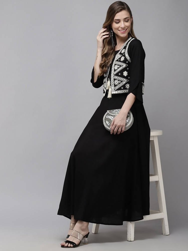 Yufta Women A-Line Black Dress With White Embroidered Jacket