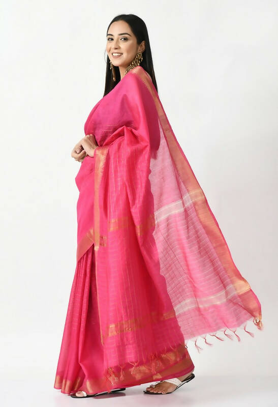 Mominos Fashion Moeza Pink Bhagalpuri Handloom Silk Raj Shree Saree with unstitched Blouse piece - Distacart