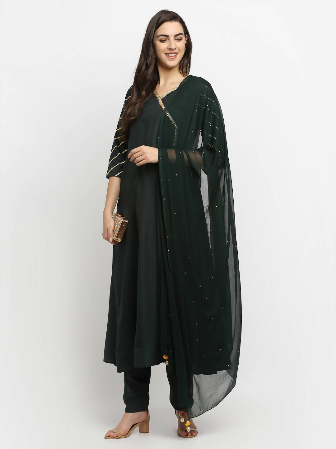 Rudra Bazaar Green Angrakha Style Flared Anarkali Kurta with Pyjamas & Dupatta - Distacart
