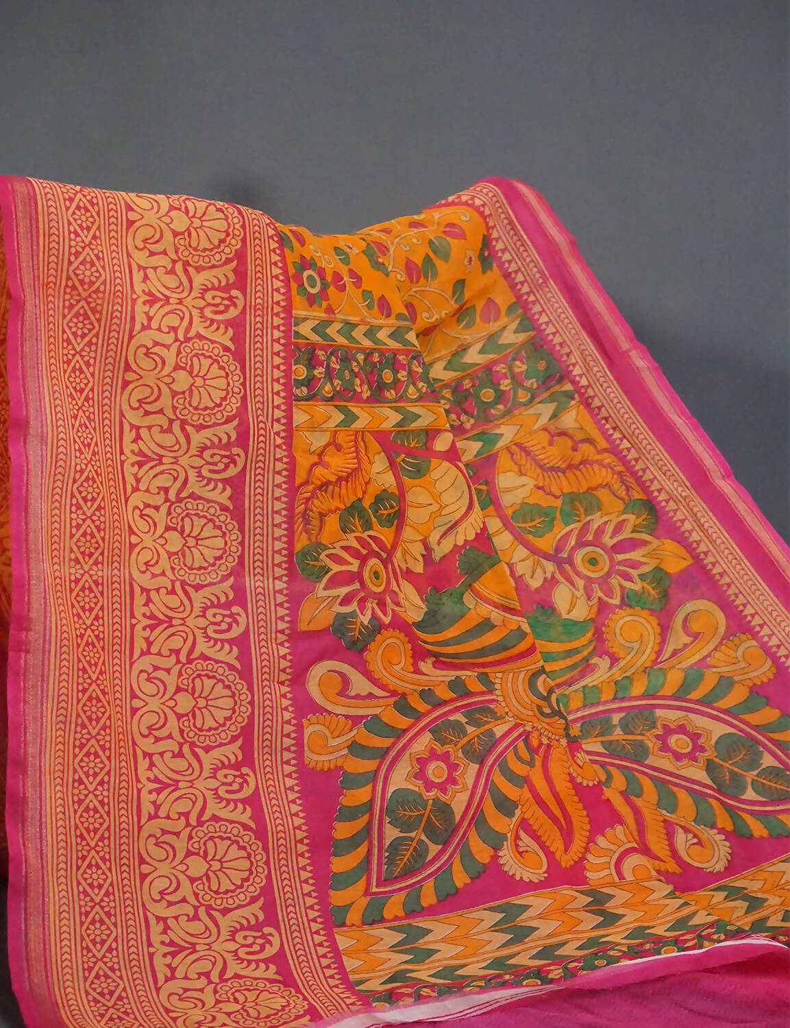 Shades Of Yellow Kalamkaari Design Semi Chanderi Saree With Contrast Blouse By Gayathri Reddy Designer Studio - Distacart