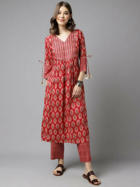 FIORRA Women's Red Cotton A-Line Kurta Set - Distacart