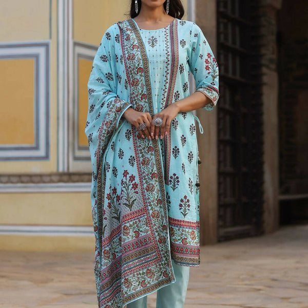 Juniper Women's Skyblue Cambric Floral Placement Printed Straight Fit Kurta Sets - Distacart