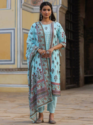 Juniper Women's Skyblue Cambric Floral Placement Printed Straight Fit Kurta Sets - Distacart