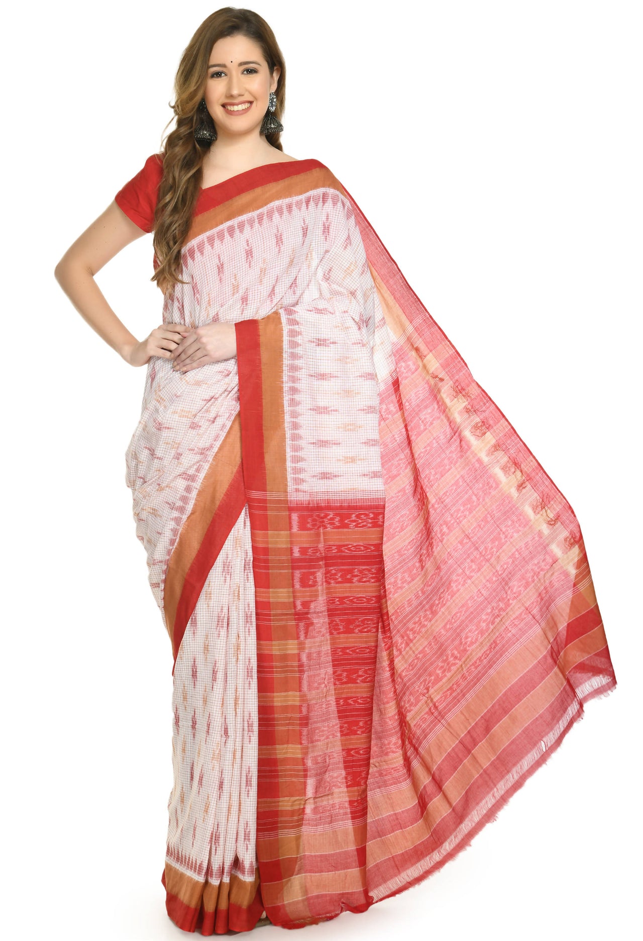 Vamika Sambalpuri Ikat Cotton Dehabandha Badafula White & Light Red Saree - Distacart