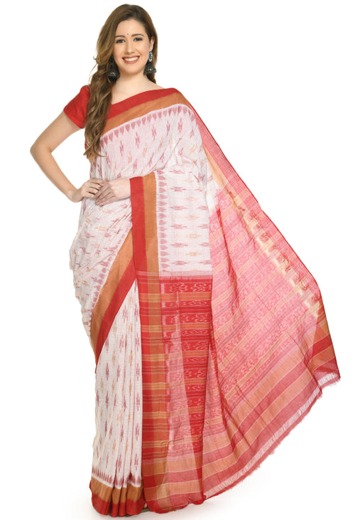 Vamika Sambalpuri Ikat Cotton Dehabandha Badafula White &amp; Light Red Saree - Distacart