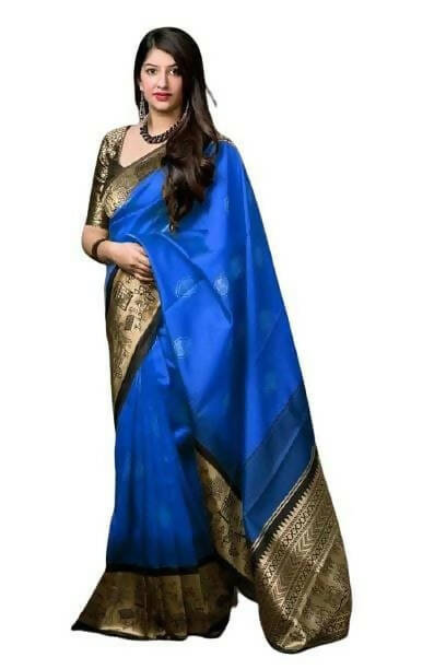 DEIANA'S Beautiful Golden Jari with New Design Soft Lichi Silk Saree - Royal Blue - Distacart