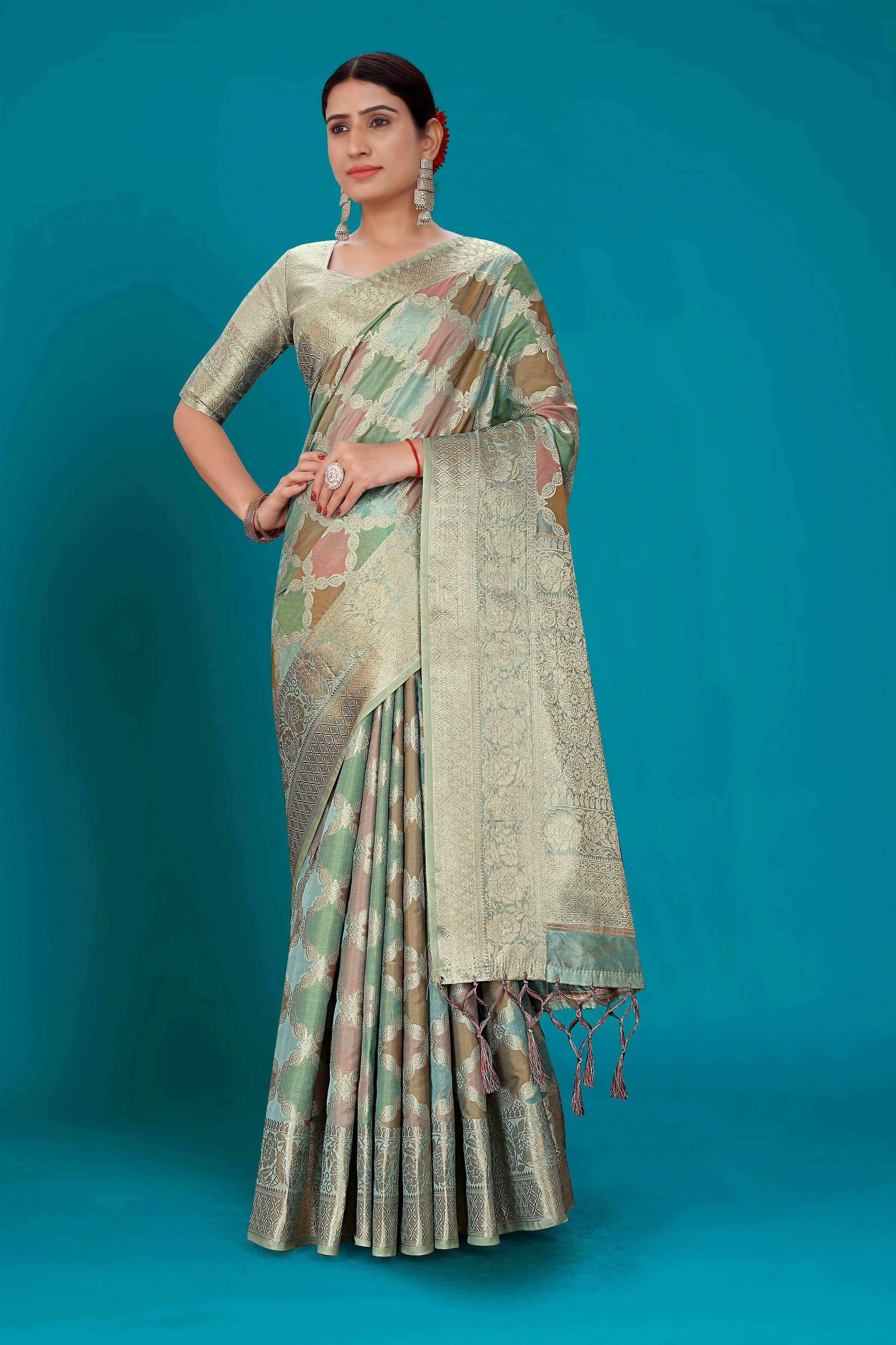 Sky Blue Soft Organza Woven Design Saree with Unstitched Blouse Piece - Zaara - Distacart