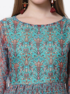 Myshka Blue Color Organza Printed Dress