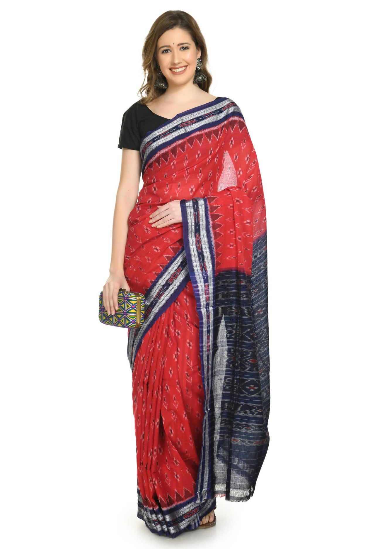 Vamika Sambalpuri Ikat Cotton Dehabandha Badafula Red & Blue Saree - Distacart