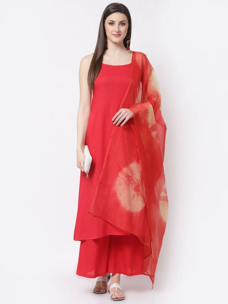 Myshka Red Color Rayon Solid Kurta With Palazzo Dupatta Set