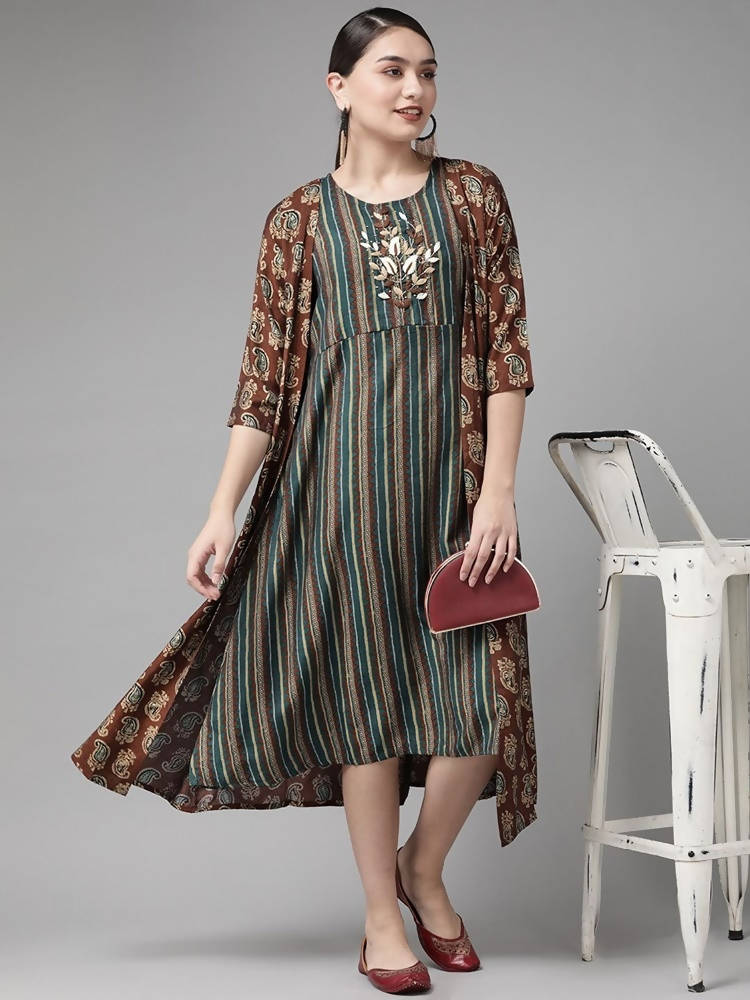 Yufta Teal Green & Coffee Brown Striped Yoke Embroidered Midi A-Line Dress & Ethnic Jacket
