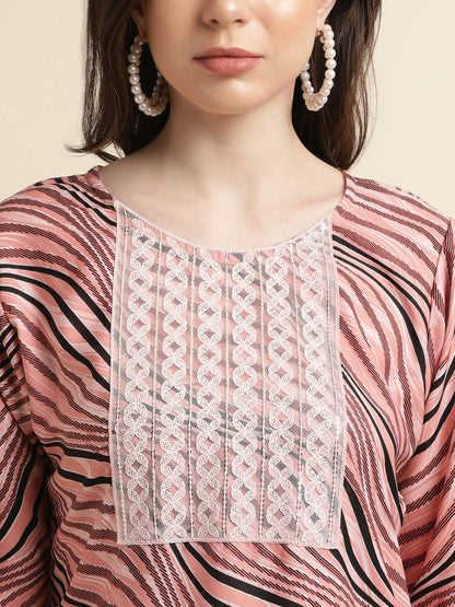 Peach Poly Crepe Digital Printed Top with Matching Bottom - Preeti - Distacart