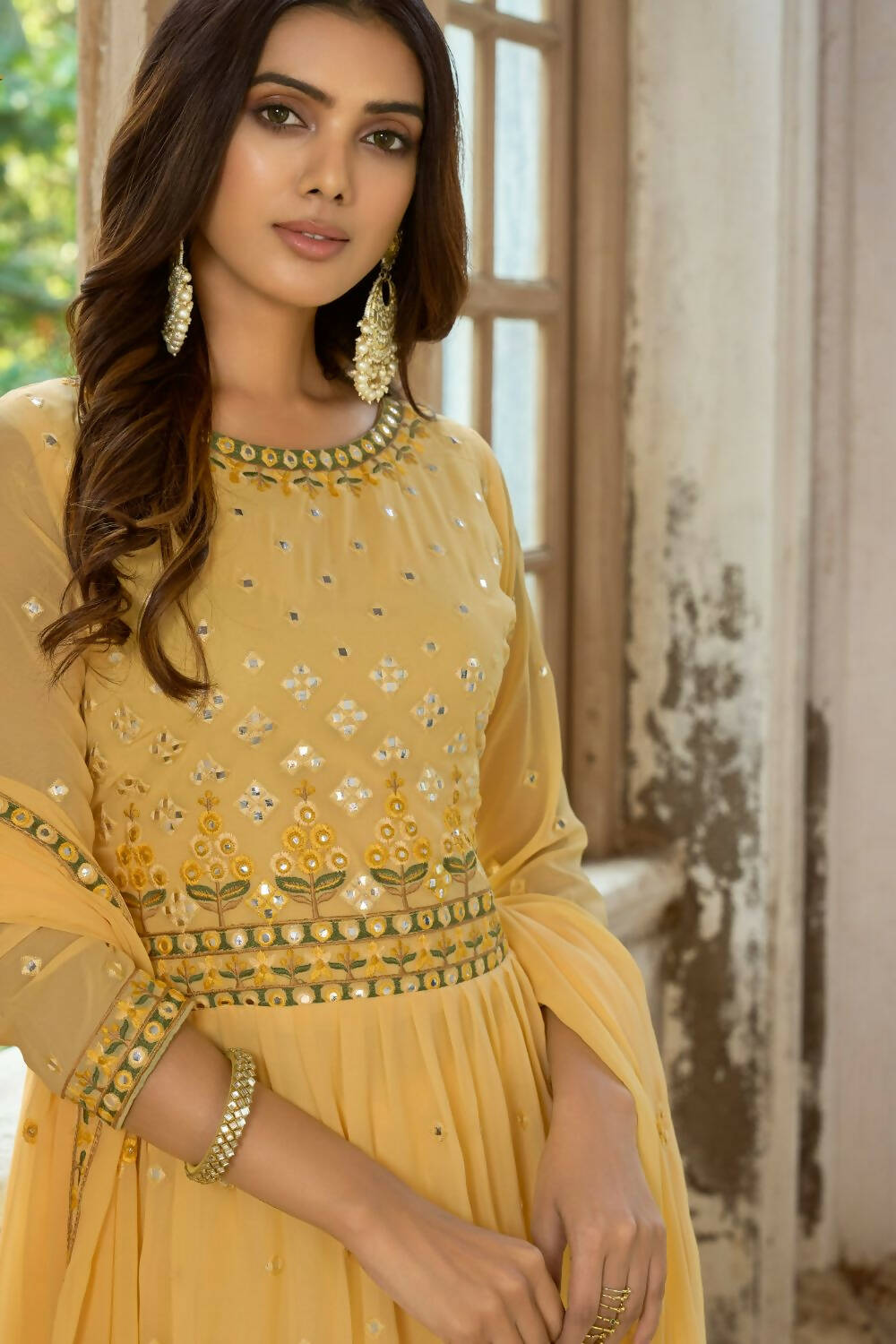 Yellow Heavy Fox Georgette Embroidered Semi Stitched Suit - Dhvani - Distacart