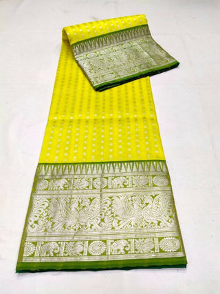 DEIANA'S Beautiful Golden Jari with New Design Soft Lichi Silk Saree - Yellow - Distacart