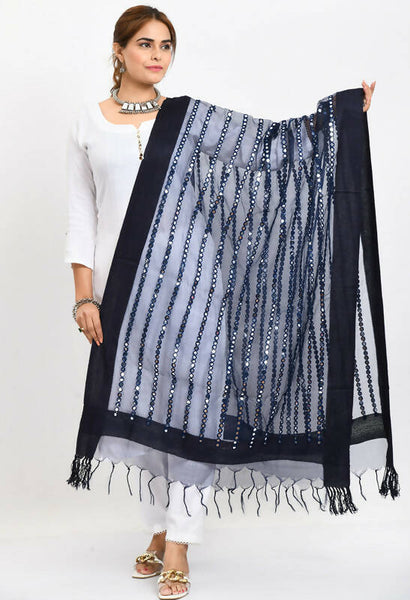 Mominos Fashion Moeza Women's Orgenza Mirror Stripe Thread Work Navy Blue Dupatta - Distacart