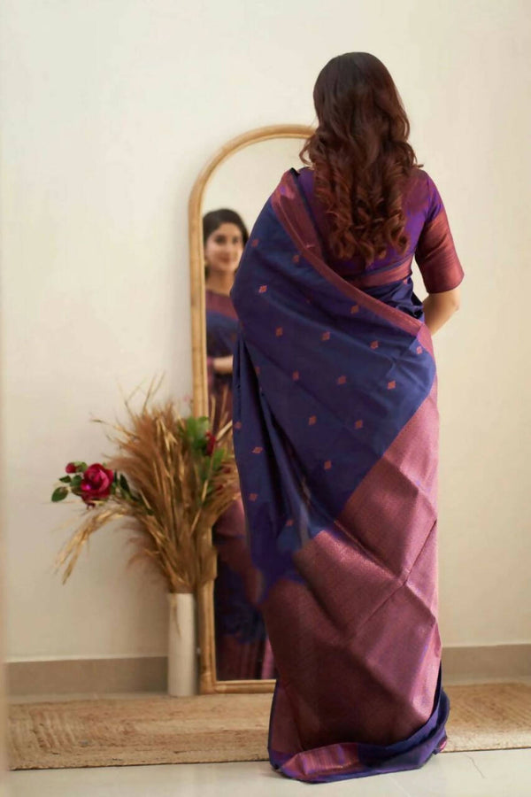 DEIANA'S Beautiful Golden Jari with New Design Soft Lichi Silk Saree - Navy Blue - Distacart