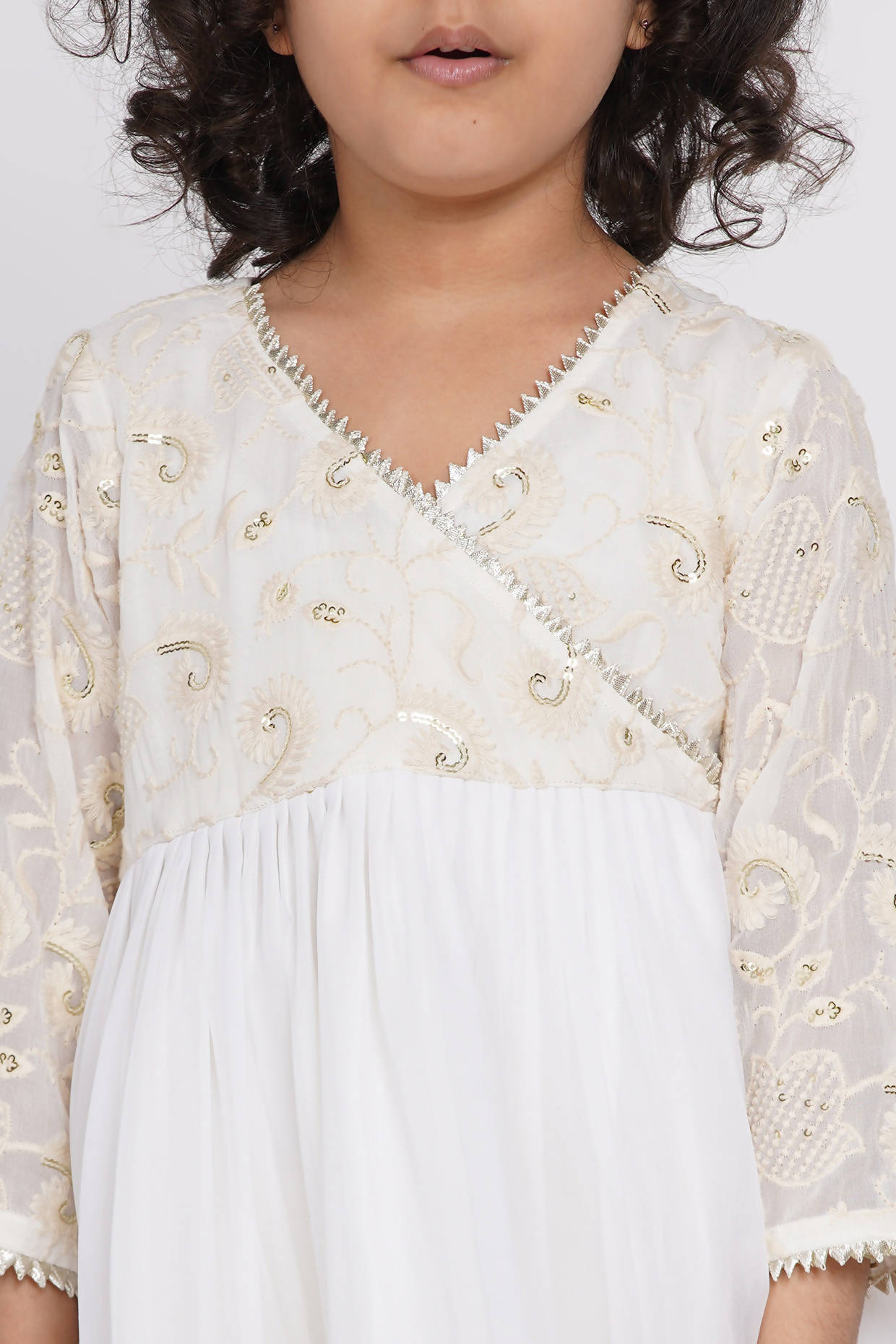 Little Bansi Cotton Floral Embroidery & Lacework Kurta with Sharara & Dupatta - White - Distacart