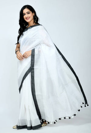 Mominos Fashion Moeza Beautiful Bhagalpuri Handloom Silk White Saree