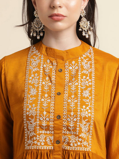 Mustard Chinon Floral Embroidered Top with Bottom - Maanushi - Distacart