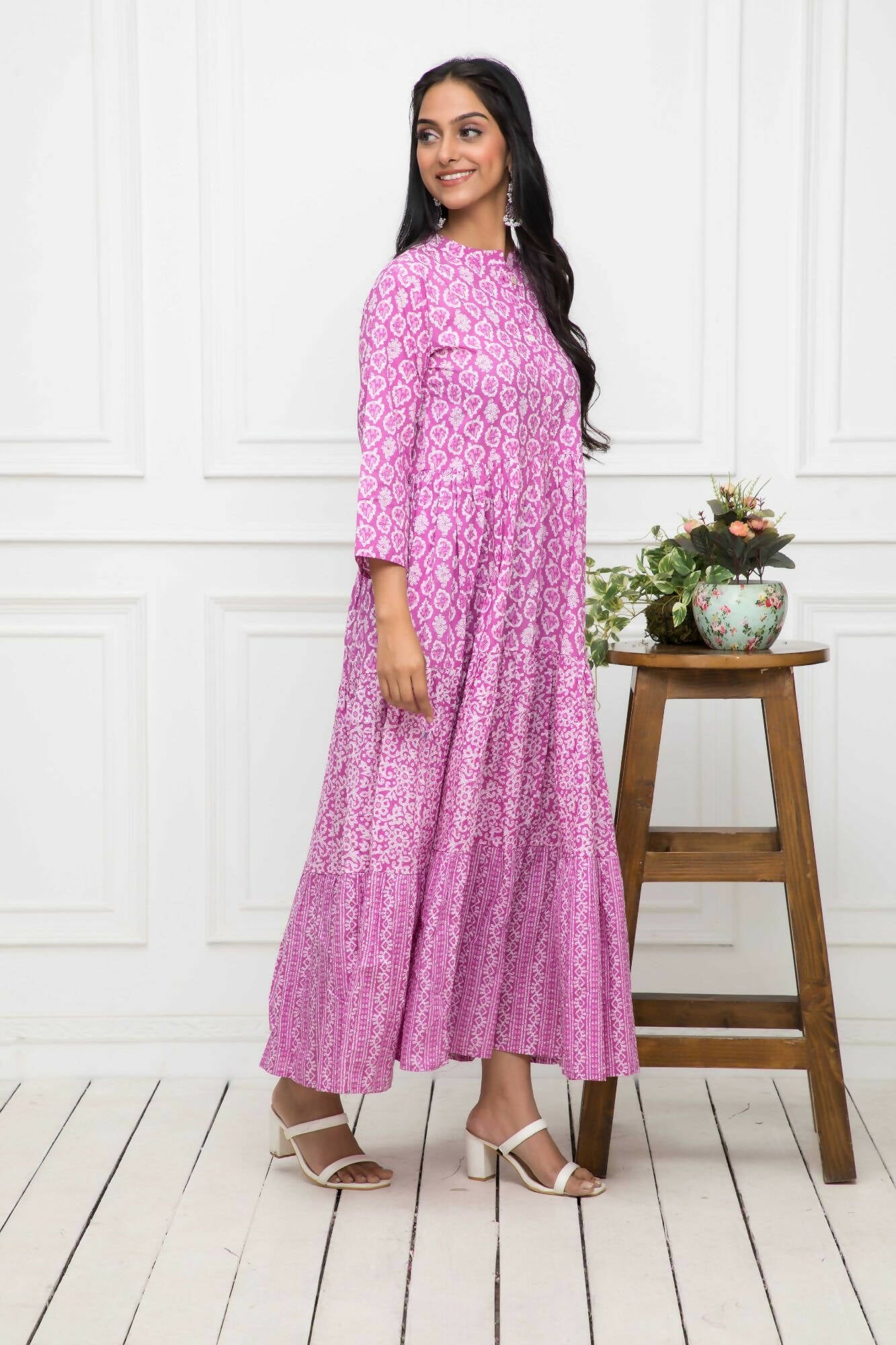 Myshka Women Pink Floral Cotton A-Line Mandarin Collar Long Dress - Distacart