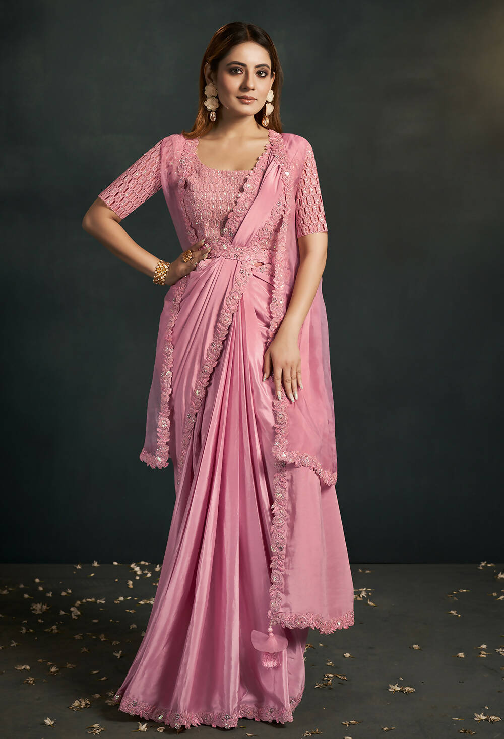 Pink Silk Crepe Georgette Cord Sequence & Thread Embroidered & Stone Work Saree - Moh-Manthan Royal Enigma - Distacart