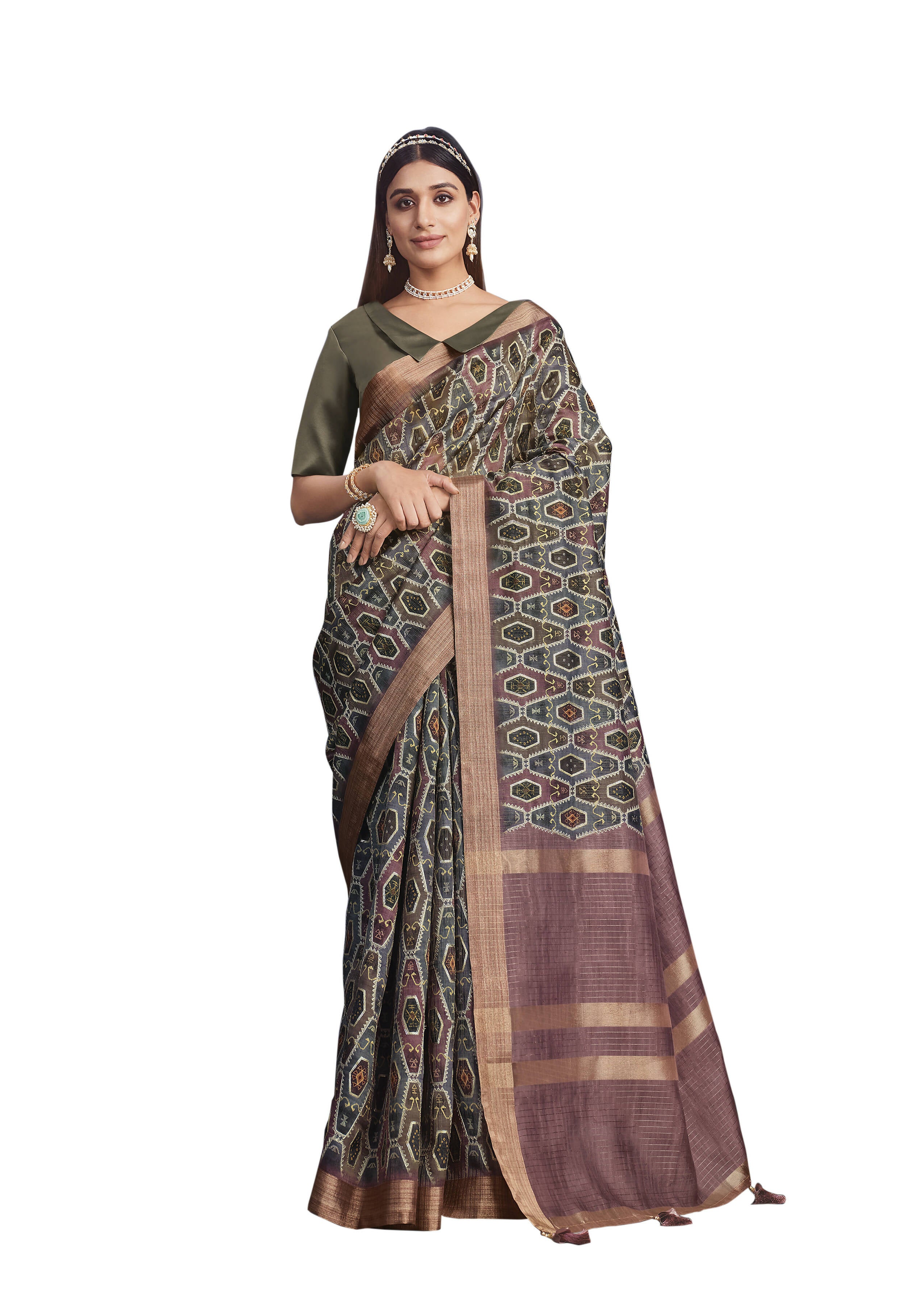 Brown Tusser Silk Geometric Printed Saree With Unstitched Blouse - Mohmanthan Aahana - Distacart
