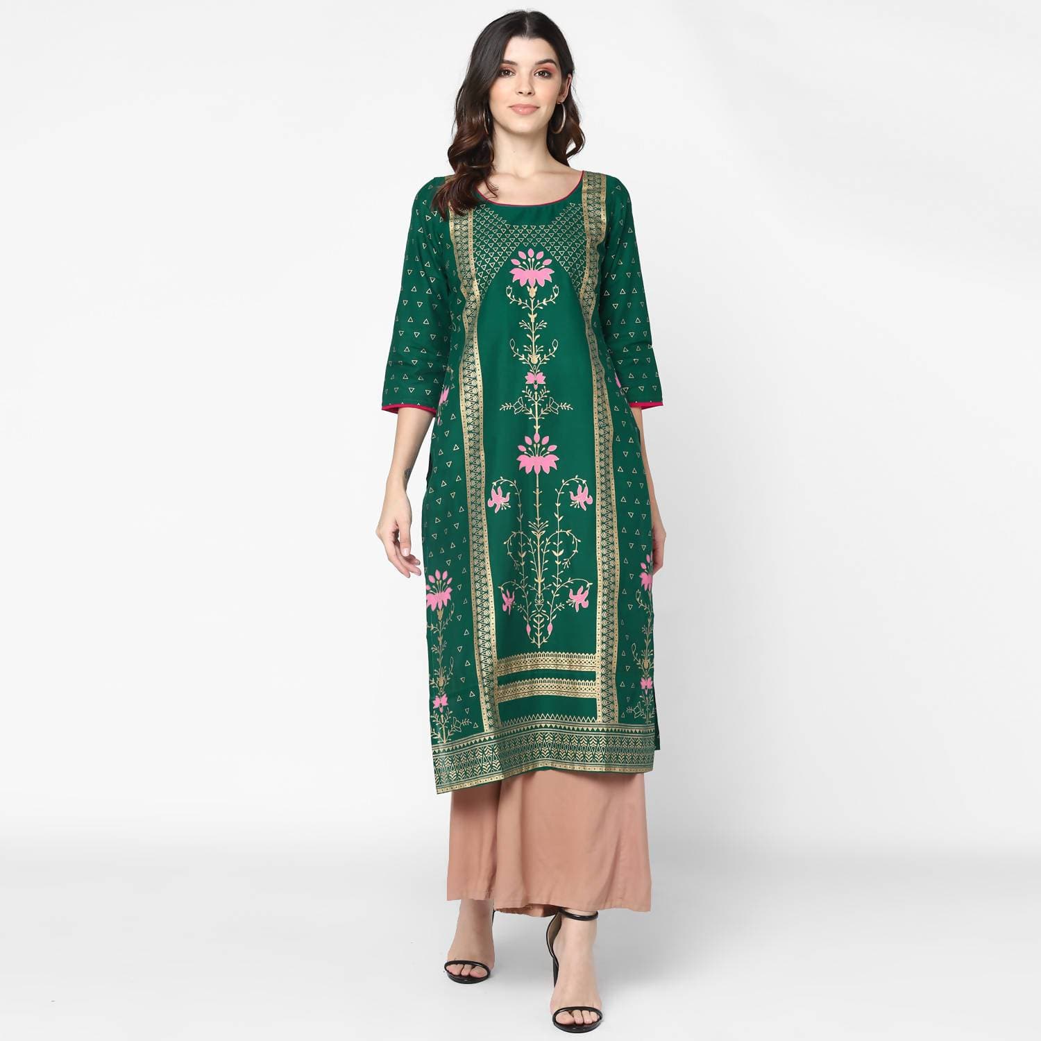 Cheera Hand Block Print Green Straight Kurta (MAAI-063K)