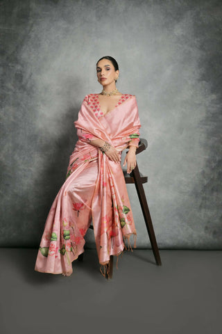 Vishnu Weaves Women's Peach Soft Tussar Silk Printed Saree with Blouse - Distacart