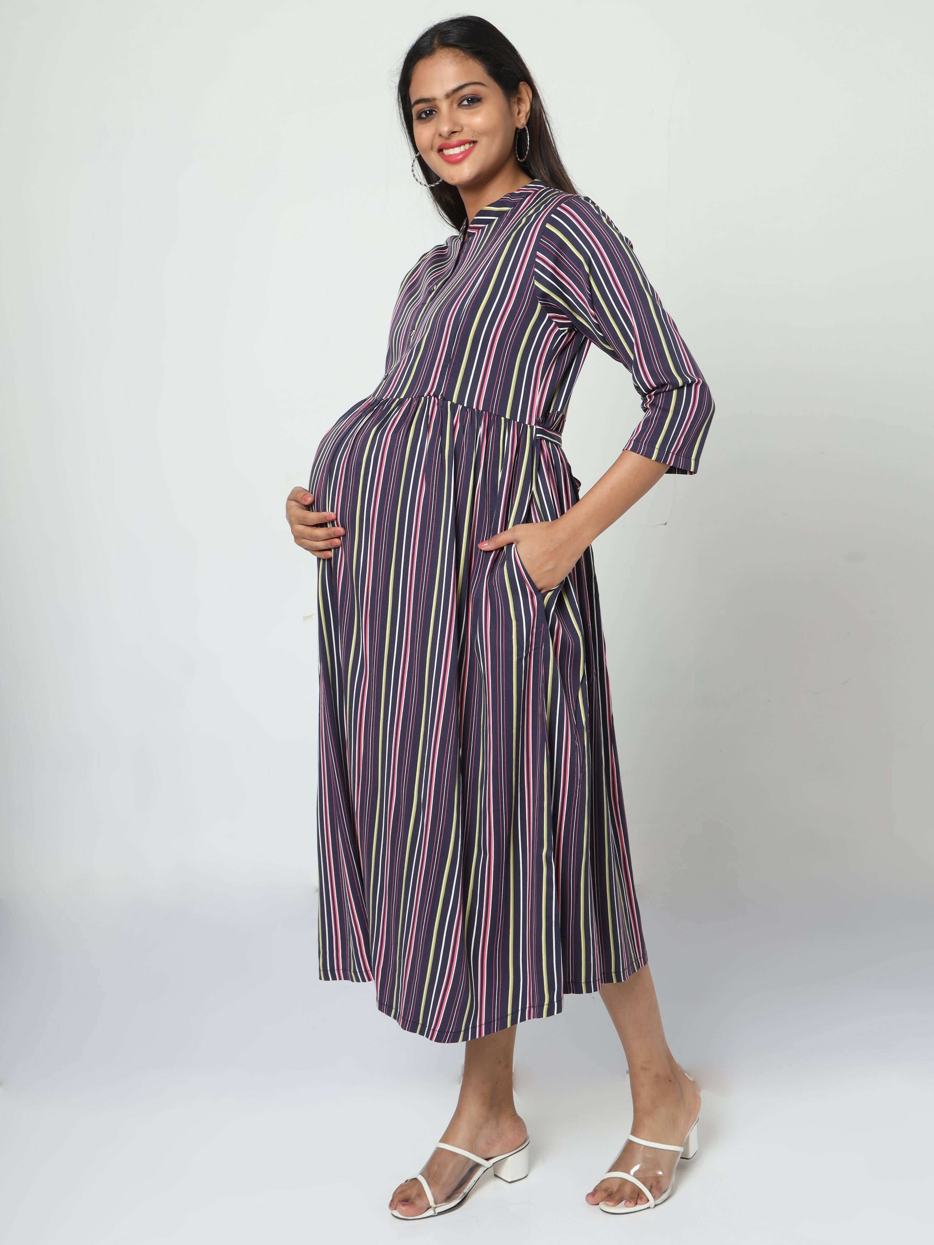 Manet Three Fourth Maternity Dress With Concealed Zipper Nursing Access - Navy Blue - Distacart